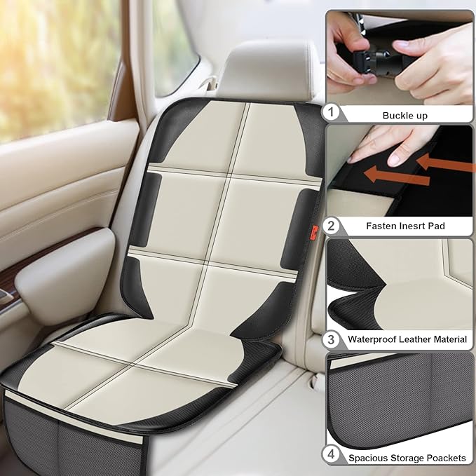 Car Seat Protector,2 Pack Car Seat Protectors Baby Carseat Waterproof Durable 600D Fabric for Child Baby Car Seat Mat Vehicle Pet Cover 2 Storage Pockets (2 Pack Beige)-BubblyBeeBaby