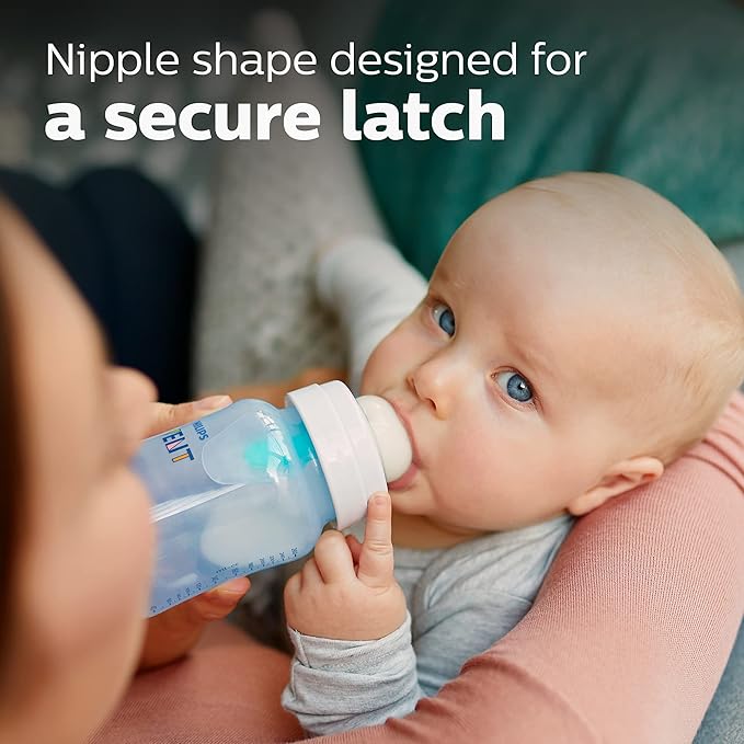 Philips Avent Anti-Colic Bottle with AirFree Vent, 9oz, with Flow 2 Nipples, 1m+, 4pk, Blue, SCY703/24-BubblyBeeBaby