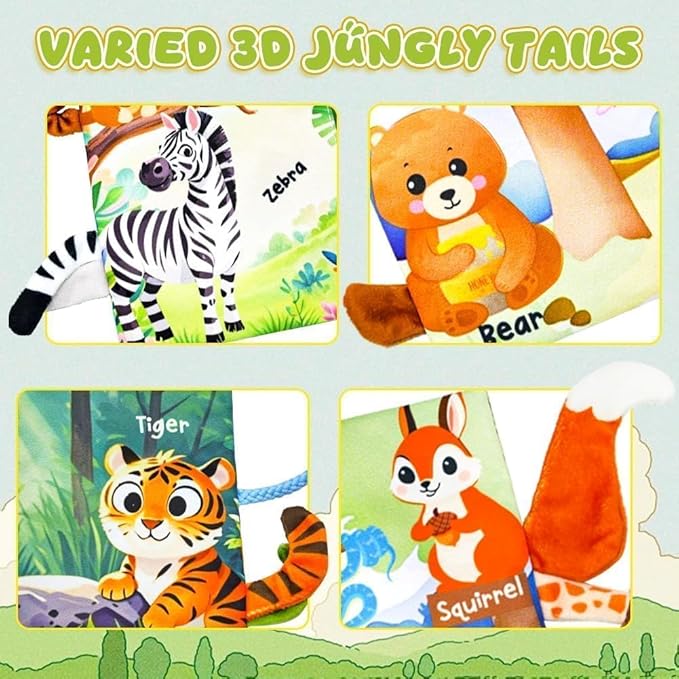 Baby Toys 0-6 Month, Crinkle Books for Babies, Jungle Tails Soft Baby Cloth Books 6 to 12 Months with 10 Pcs Jungle Animal Finger Puppets, Infant Tummy Time Sensory Toys, Newborn Gifts for Boys Girls-BubblyBeeBaby