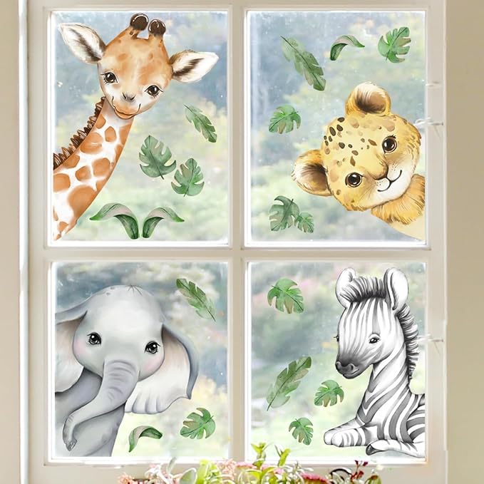 22.44 x 21.25 Inch Watercolor Jungle Animal Window Clings Tiger Lion Elephant Zebra Window Stickers Double-Side Safari Animal Window Stickers for Baby Nursery Playroom Bedroom Window Glass Wall Decor-BubblyBeeBaby