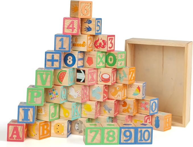 Joqutoys ABC Wooden Building Blocks for Toddlers 3 Large, 40 PCS Alphabet & Number Stacking Blocks with Storage Tray, Montessori Educational Learning Toys for Boys Girls Kids Gifts 1.65"-BubblyBeeBaby