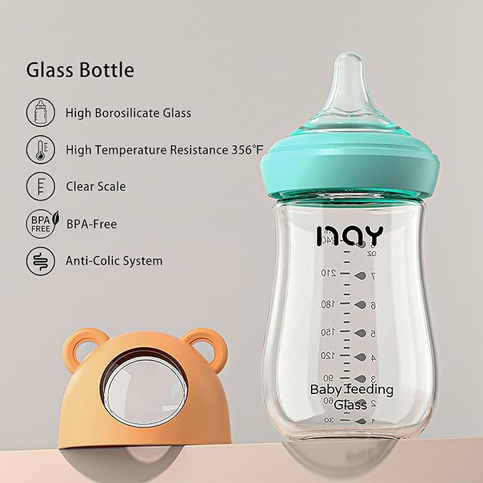 Natural Glass Baby Bottle for Breastfeeding Babies, 8oz Anti-Colic Baby Bottle with Natural Response Nipple(M), Clear, Wide Neck, 2 Pack, 3 Months+-BubblyBeeBaby