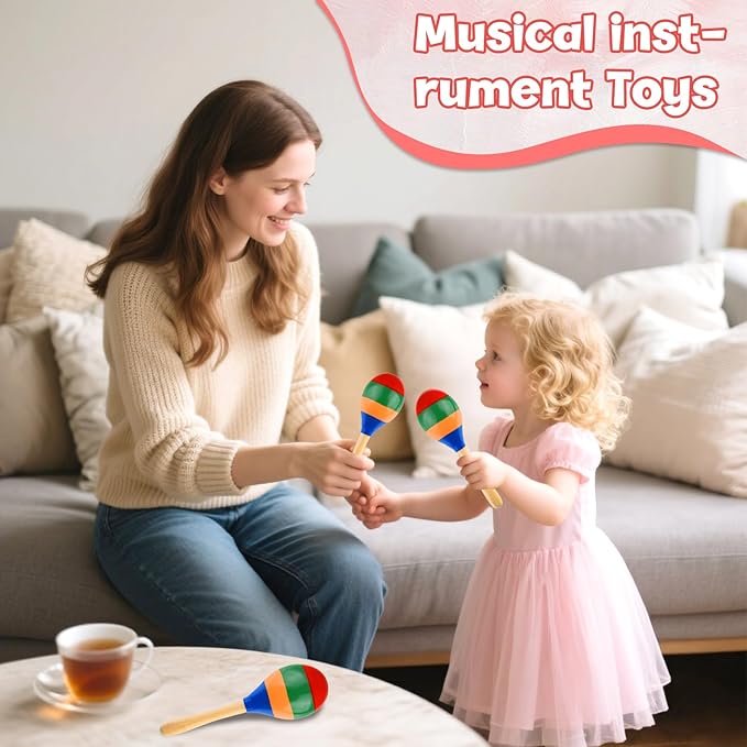 2 Pcs Maracas Hand Percussion Rattles, PLULON Colorful Wooden Maracas Rumba Shakers Rattle Latin Musical Instrument for Kids Adults Game Playing, Mexican Fiesta Cinco De Mayo Party Favors Supplies-BubblyBeeBaby