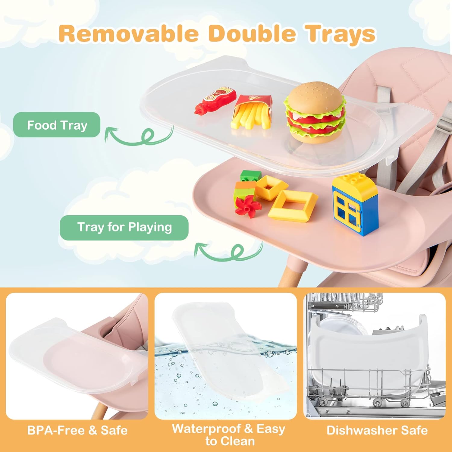 HONEY JOY Baby High Chair, 6 In 1 Convertible Wooden Highchair for Babies and Toddlers/Toddler Chair/Bar Stool, Removable Double Tray & Reversible Footrest, Safety Harness for Infant Boys Girls (Pink)