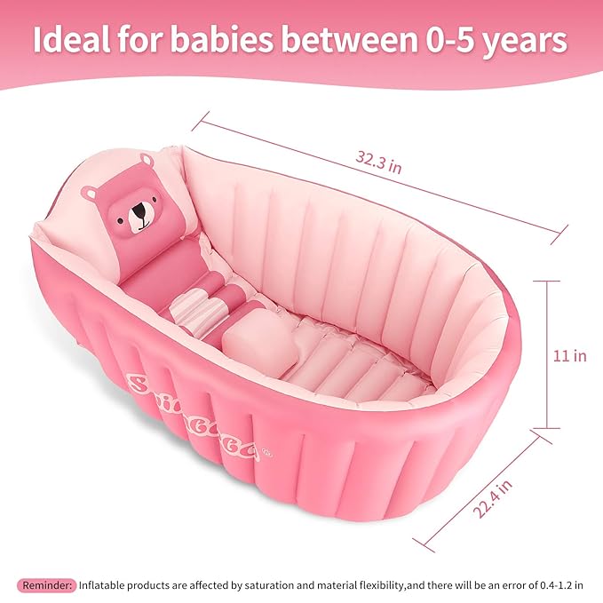 Inflatable Baby Bath Tub Portable Foldable Travel Mini Swimming Pool Helps Infants to Toddler Tub (Pink)-BubblyBeeBaby
