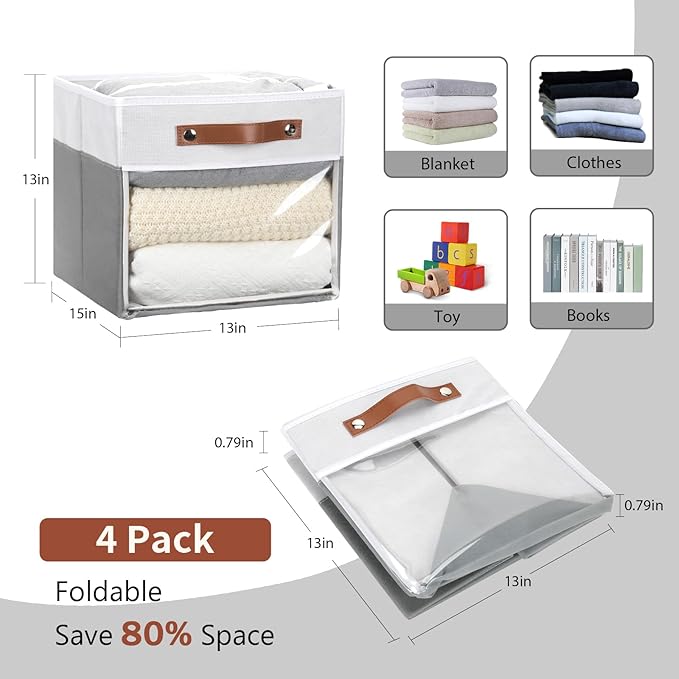 HNZIGE Fabric Cube Storage Bins - 4 Pack 13x15x13 Collapsible Storage Cubes for Organizing Shelves, Closet, Pantry - White, Gray-BubblyBeeBaby