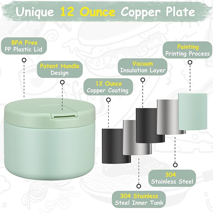 12oz Insulated Vacuum Food Jar with Buckle Lid Wide Mouth Soup Thermo for Hot Food Kids Leakproof Stainless Steel Lunch Container (Mint, 12OZ)-BubblyBeeBaby