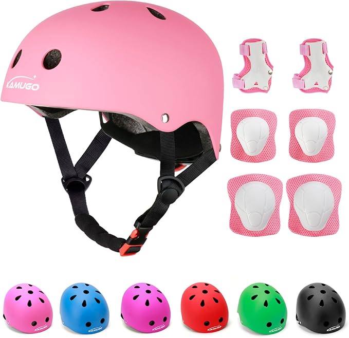 KAMUGO Kids Adjustable Helmet, with Sports Protective Gear Set Knee Elbow Wrist Pads for Toddler Age 2-8 Boys Girls, Bike Skateboard Hoverboard Scooter Rollerblading Helmet Set-BubblyBeeBaby