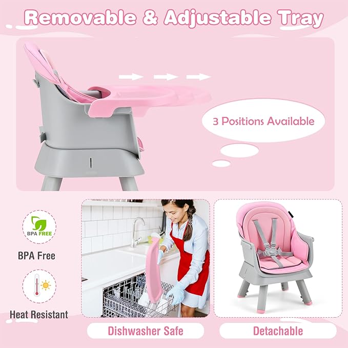 HONEY JOY 8 in 1 Baby High Chair, Convertible Highchair for Babies and Toddlers/Table and Chair Set/Building Block Table/Booster Seat/Stool/Toddler Chair with Safety Harness (Pink)-BubblyBeeBaby