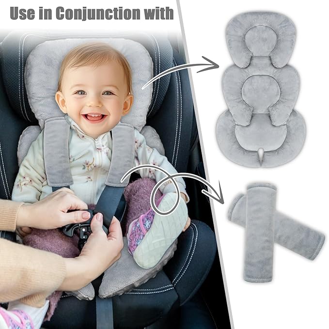 Infant Car Seat Insert Head and Body Support, GFU Reversible Newborn Insert for Carseat with Strap Pads, Soft Stroller Cushion Pillow Insert for Boys and Girls, Fits for Stroller, Swing, Grey-BubblyBeeBaby