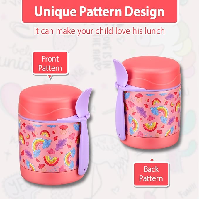 10oz Soup Thermo for Hot Food Kids,Lunch Thermo Kids Food Jar with Spoon Hot Insulated Food Containers,Leak Proof Stainless Steel Wide Mouth Lunch Food Thermo Jar for School(Pink-Rainbow)-BubblyBeeBaby