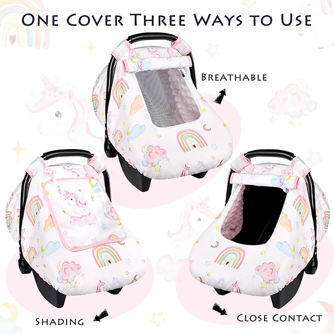 Baby Carseat Cover Girls, Pea Pod Unicorn Infant Car Seat Covers Canopy for Newborn with 2 Layers Windows of Breathable Mesh/Fabric, Lightweight Polyester/Minky Dot Backing, Snug Fit-BubblyBeeBaby