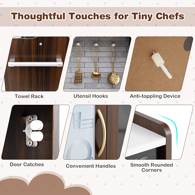 HONEY JOY Kids Kitchen Playset, Wooden Little Chef Pretend Toy Kitchen Set w/Chalkboard, Telephone, Utensils, Oven, Microwave, Sink, Storage, Play Kitchen for Toddlers Boys Girls, Espresso-BubblyBeeBaby