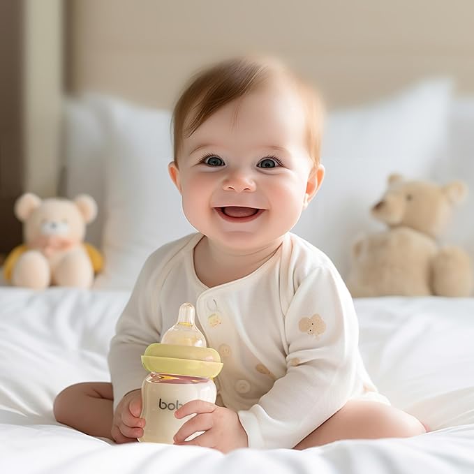 YOHKOH Natural Glass Baby Bottle with Natural Response Nipple, Newborn Anti-Colic Baby Bottles, Wide Neck Mushroom Cap Baby Bottle, Clear (Yellow, 3.4oz (Pack of 2))-BubblyBeeBaby