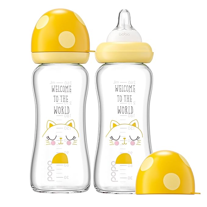 YOHKOH Natural Glass Baby Bottle with Natural Response Nipple, Newborn Anti-Colic Baby Bottles, Wide Neck Mushroom Cap Baby Bottle, Clear (8.8ounce (Pack of 2), Yellow1)-BubblyBeeBaby