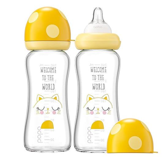 YOHKOH Natural Glass Baby Bottle with Natural Response Nipple, Newborn Anti-Colic Baby Bottles, Wide Neck Mushroom Cap Baby Bottle, Clear (8.8ounce (Pack of 2), Yellow1)-BubblyBeeBaby