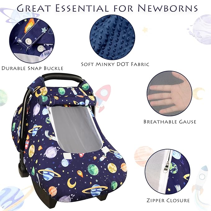 Baby Carseat Cover Winter, Pea Pod Infant Car Seat Covers Canopy for Newborn with 2 Layers Windows of Breathable Mesh/Fabric, Lightweight Polyester/Minky Dot Backing, Snug Fit Most Baby Car Seat-BubblyBeeBaby
