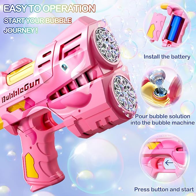 2 Pack Bubble Guns for Kids, Rechargeable LED Light Up Dinosaur Bubbles Machine Blower with 4 Bottles Refill Solution for Toddlers 4-8, Wedding Party Birthday Gift-BubblyBeeBaby