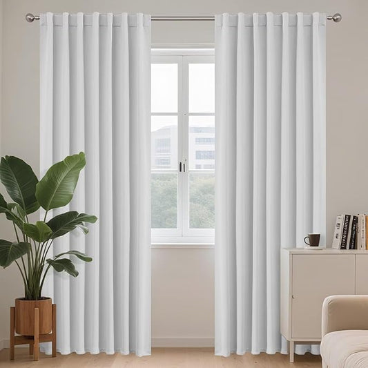 Joydeco 108 Inch 60% Blackout White Curtains 2 Panels,Elegant Soft Sheer Curtains for Bedroom,Thermal Insulated Black Out Drapes for Living Room,Rod Pocket Back Tab Drapes(W52xL108 Inch,Greyish White)-BubblyBeeBaby