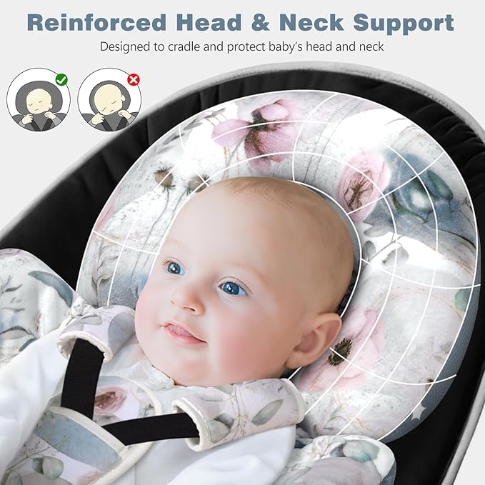 Upgraded Infant Car Seat Insert, 2-in-1 Reversible Baby Car Seat Head Support with 3 Strap Covers, All Seasons Newborn Car Seat Insert and Baby Carseat Cushion for Stroller, Swing, Rocker, Bassinets-BubblyBeeBaby