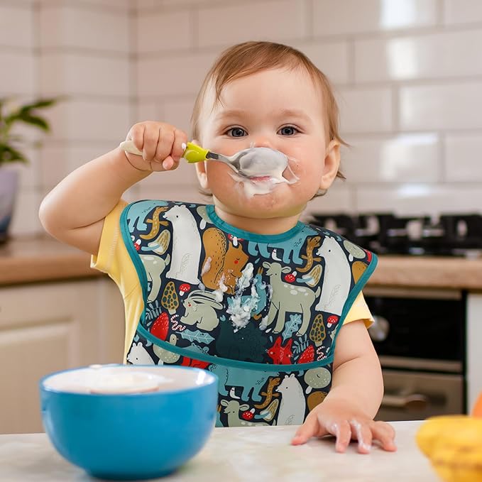 Mess Proof Baby Bib 3 Pack, Waterproof Led Weaning Baby Feeding Bibs with Food Catcher, Travel Feeding Bibs-BubblyBeeBaby