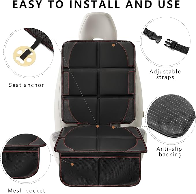 Car Seat Protector 2 Pack Baby Car Seat Covers with Mesh Pockets & Non-Slip Backing 600D Durable Seat Protector Under Baby Car Seat (Black & Red, Large)-BubblyBeeBaby
