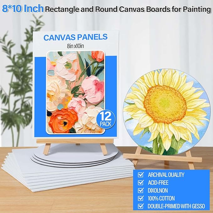 12 Pack 8x10” Canvas Boards and Round Canvas for Painting, Couple Painting Kit with Wood Easel, Acrylic Paint, Paint Brushes Set for Kids Teenagers Adults Date Night Sip and Paint Party-BubblyBeeBaby