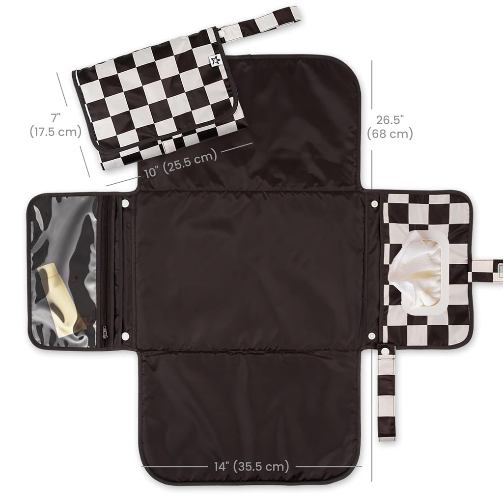 Tiny Twinkle Portable Diaper Changing Pad-Foldable Waterproof Changing Mat&Portable Changing Pad for Travel,Baby Changing Station with Smart Wipes Pocket&Storage (Black Checkers)