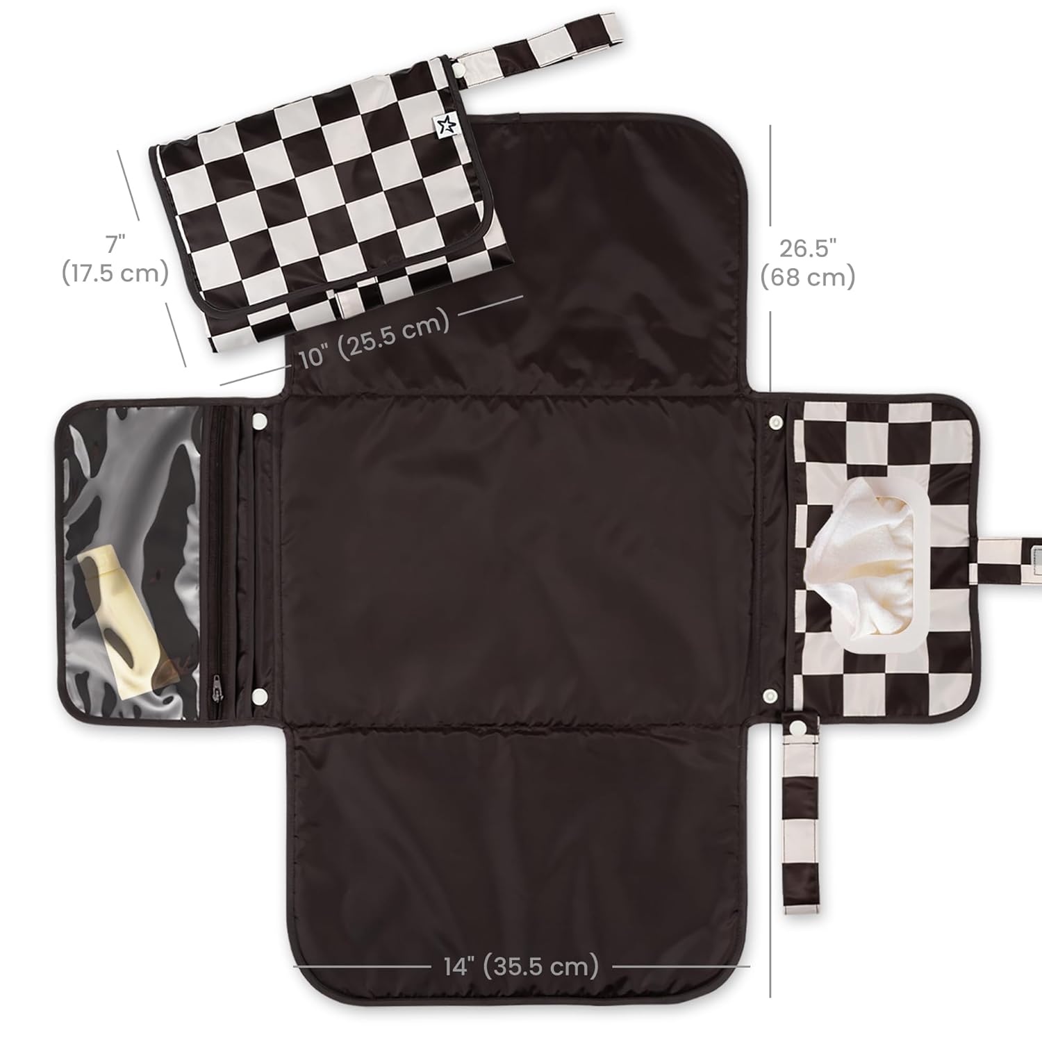 Tiny Twinkle Portable Diaper Changing Pad-Foldable Waterproof Changing Mat&Portable Changing Pad for Travel,Baby Changing Station with Smart Wipes Pocket&Storage (Black Checkers)