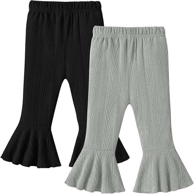 2 Pack Toddler Baby Girl Pants Flare Leggings Ribbed Knit Newborn Bell Bottoms Solid Ruffle Infant Pants for Girls-BubblyBeeBaby