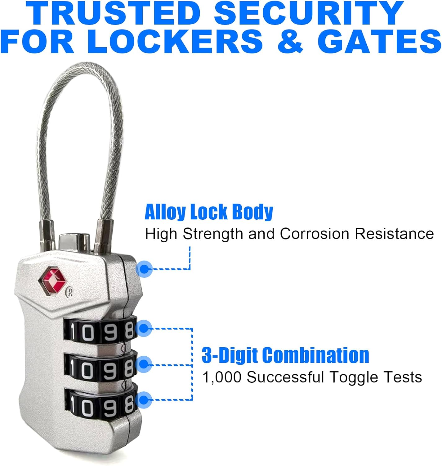 2 Pack TSA Approved Travel Luggage Locks, Cable Combination Lock, 3 Digit Padlock, Alloy Steel Cut-Resistant Cable, Weatherproof Zipper Lock for Gun/Suitcases, Backpacks, Gym Lockers, Golf Bags-NO KEY