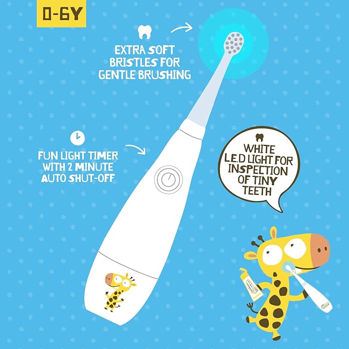 Jack N' Jill Tickle Tooth Sonic Electric Toothbrush with Replacement Head - Gentle Cleaning, Made for Tiny Teeth, LED Inspection Light, for Babies & Kids, Extra Soft Bristles - (1 Pack)-BubblyBeeBaby