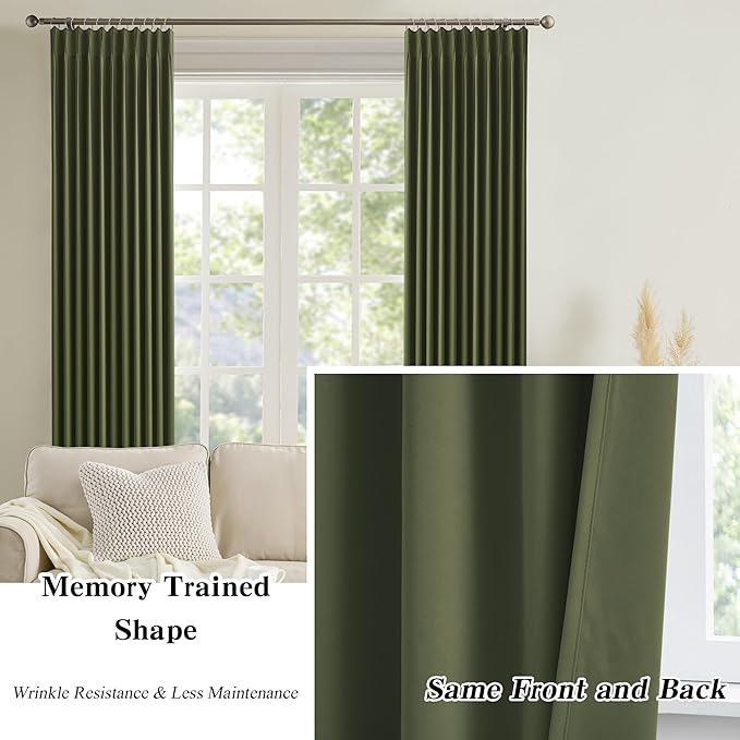 KEQIAOSUOCAI 92 Inch Dark Olive Green Curtains for Bedroom Living Room,Thermal Insulated Dark Out Sound Proof Curtain for Dining Room, Pinch Pleated for Traverse Rods 40x92-2 PCs-BubblyBeeBaby