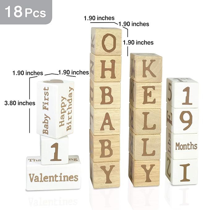 I'm Solid Wood Monthly Weekly Baby Milestone Age Blocks, Personalized Own Name, Gender Neutral, Newborn Gifts & Keepsakes for Picture Props (1.9" / 18 Pcs/Brown)-BubblyBeeBaby