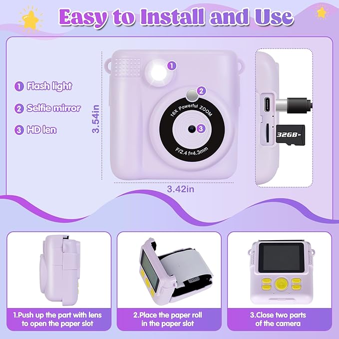Instant Print Camera for Kids - 2.4 Inch Kids Camera Instant Print with Paper & 32G Card- Digital Children Toys as Christams Birthday Gifts for Girls Boys Age 3-12 - Purple-BubblyBeeBaby
