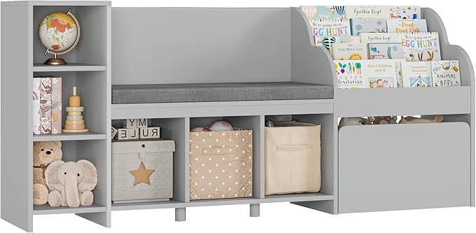 HOSTACK 67" Kids Reading Nook with Bench, Kids Bookshelf and Bookcase with Seat Cushion and 6 Storage Cubbies, Toy Storage Box on Wheels, Toy Chest for Playroom, Bedroom, School, Grey-BubblyBeeBaby