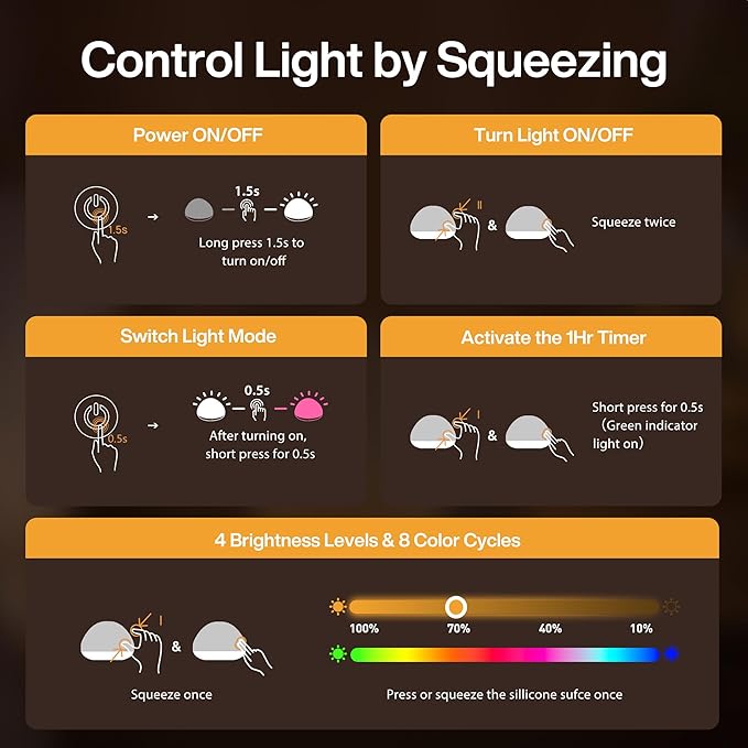JolyWell Baby Night Light for Nursery, Soft Silicone Tap Control Night Lamp with 8 Color Changing, Stepless Dimming, Rechargeable Portable Night Light for Kids, 1H-Timer, Warm Light for Breastfeeding-BubblyBeeBaby