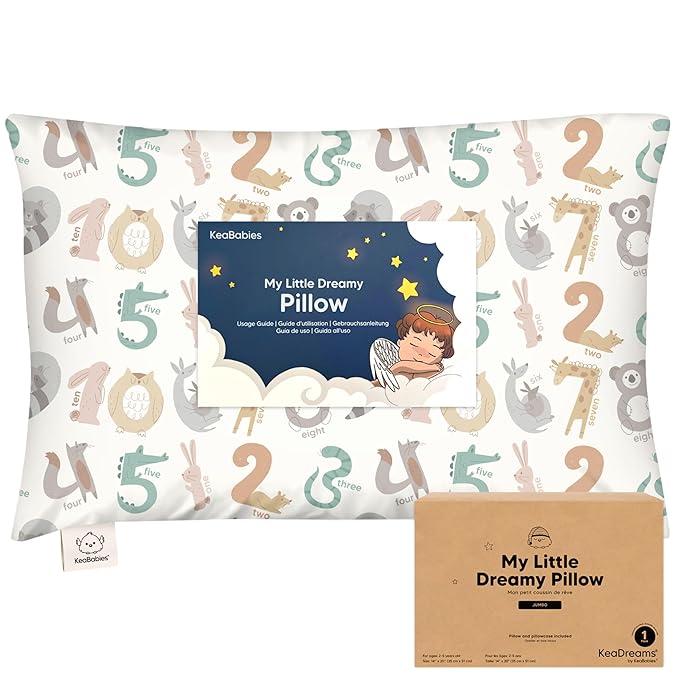KeaBabies Toddler Pillow with Pillowcase, Jumbo 14X20 - Soft Organic Cotton Toddler Pillows for Sleeping - Machine Washable - Perfect for Travel, Toddler Bed Set (Wild Count)-BubblyBeeBaby