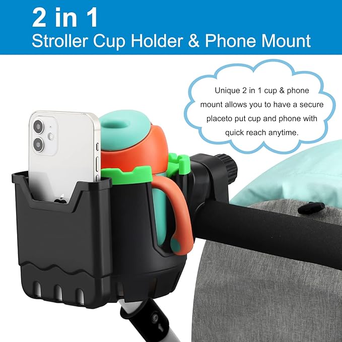 Accmor Stroller Cup Holder with Phone Holder, Universal Cup Holder, Bike Cup Holder, 360° Rotatable Large Caliber Drinks Holder for Stroller, Bike, Wheelchair, Walker-BubblyBeeBaby
