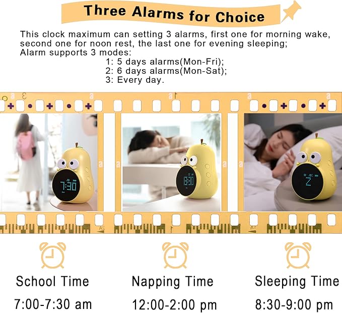 Kids Alarm Clock for Girls Pear Alarm Clock with Snooze Toddler Sleep Training Clock for Bedroom Home Office(Yellow)-BubblyBeeBaby