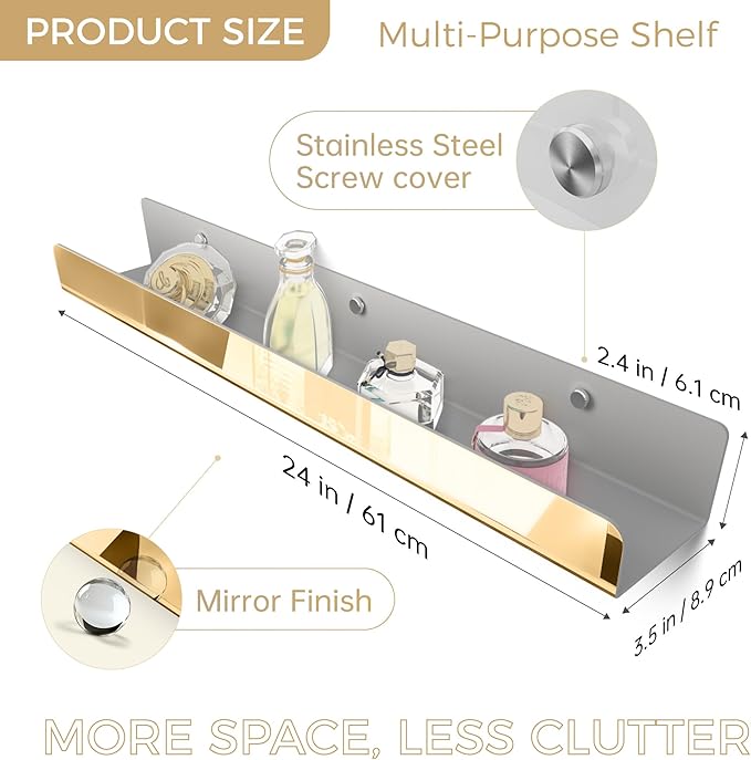 2 Pack 24 Inch Gold Reflective Acrylic Shelves, Gold Foating Shelves, Modern Sunglasses Essential Oil Picture Ledge Display Toy Storage Shelf-BubblyBeeBaby