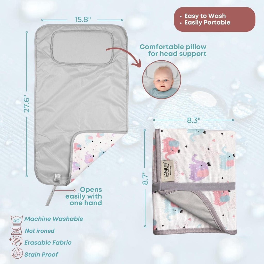 HAMUR HOME Portable Baby Changing Pad – Waterproof, Foldable & Lightweight Travel Mat – Soft & Machine Washable Diaper Changer – Compact & Durable (Elephant)
