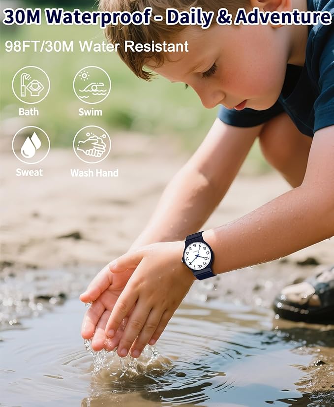 Kids Analog Watch Boys Girls, 30M Waterproof, Sports Watch for Boys, Easy to Read Children's Thin Dial Wrist Watches with Soft Band, for Ages 5-15 Kids Great Birthday Gifts Christmas Day-BubblyBeeBaby
