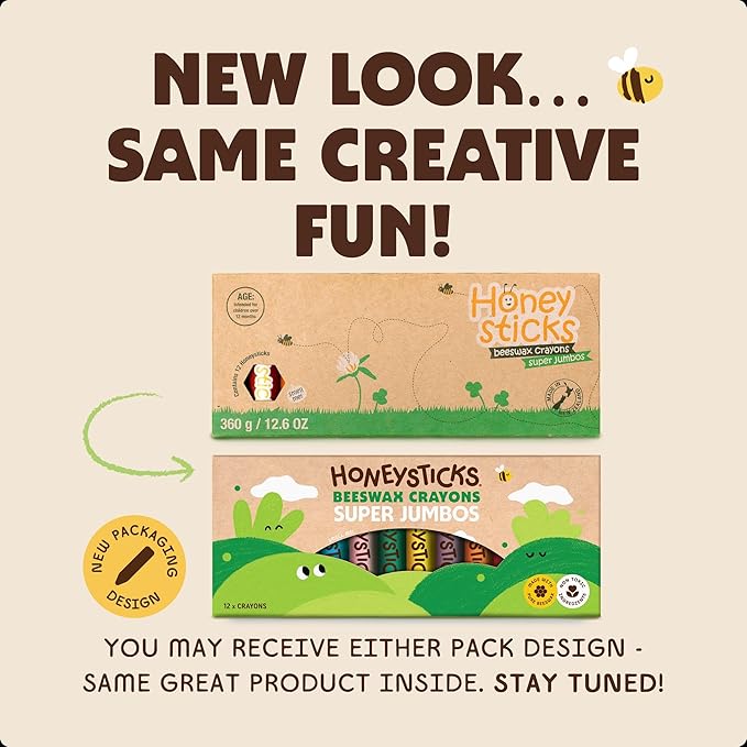 Honeysticks Super Jumbo Crayons (12 Pack) - Non Toxic Crayons for Kids - 100% Pure Beeswax and Food Grade Colors - For Toddlers 1-3, Unbreakable, Extra Large, Easy to Hold and Use, Eco-Friendly-BubblyBeeBaby