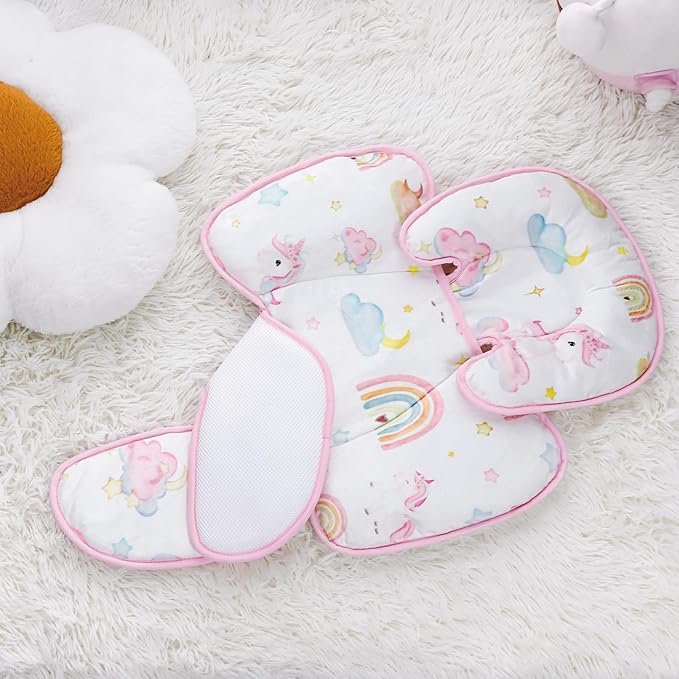 Summer Infant Car Seat Insert, 2 in 1 Baby Car Seat Head Body Support for Newborn Upgrade Mesh Baby Car Seat Insert Stroller Cushion for Boys Girls, Extra Soft and Breathable, Unicorn-BubblyBeeBaby