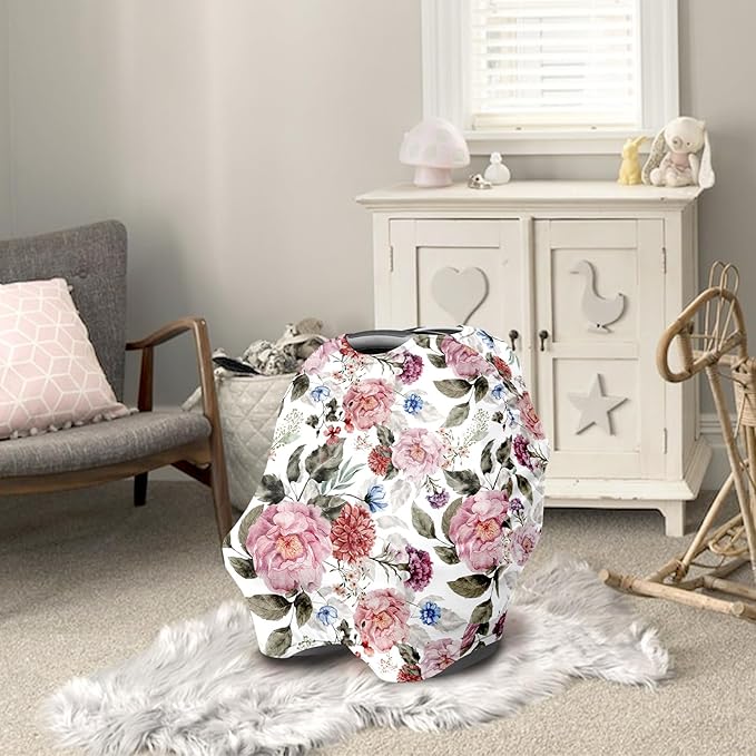 Nursing Cover Breastfeeding, Multi-use Baby CarSeat Cover Girls, Infant Stroller Car Seat Cover, Stretchy Carseat Canopy, Soft Breathable, Peony-BubblyBeeBaby