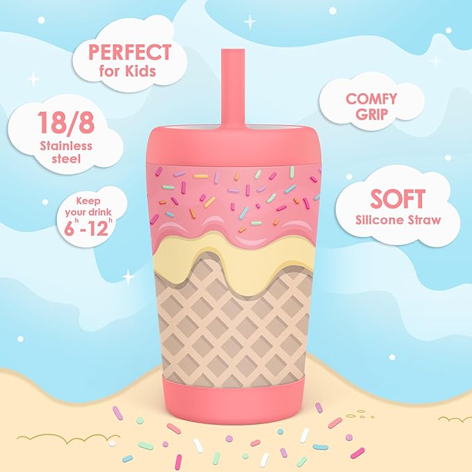 Kid Insulated Stainless Steel Tumbler with Silicone Straw, 12oz Sippy Cup for Kids (Sweet Ice Cream)-BubblyBeeBaby