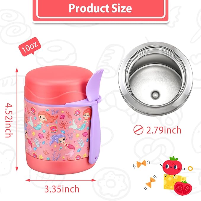 10oz Soup Thermo for Hot Food Kids,Lunch Thermo Kids Food Jar with Spoon Hot Insulated Food Containers,Leak Proof Stainless Steel Wide Mouth Lunch Food Thermo Jar for School(Pink-Mermaid)-BubblyBeeBaby