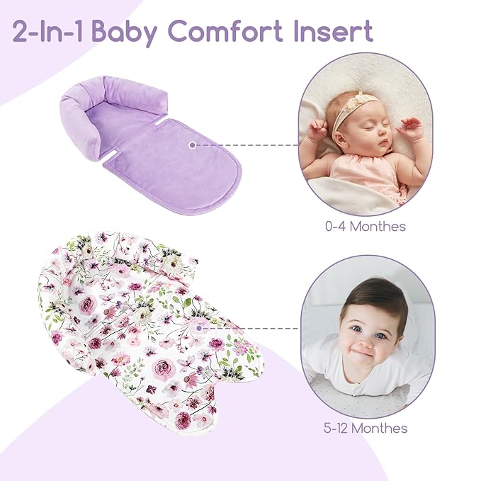 GFU Baby Car Seat Head Support for Newborn, 2 in 1 Infant Car Seat Head Body Support with Strap Pads, Soft Stroller Cushion Pillow Insert for Girls and Boys, Fits for Stroller, Swing, Purple Floral-BubblyBeeBaby