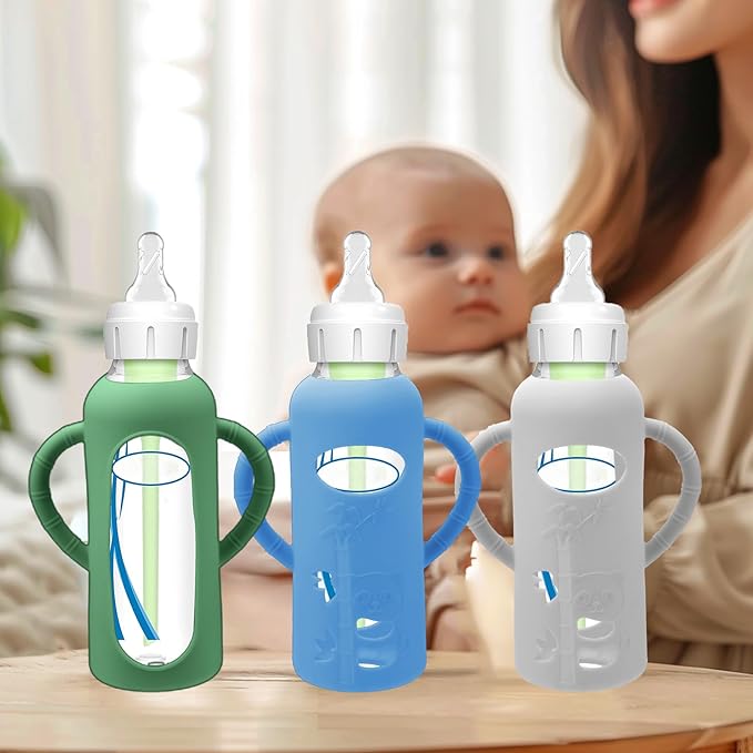 BUSOHA 3 Pack Silicone Sleeves for Dr. Brown's Glass Baby Bottles - Drop Protection Baby Bottle Sleeves Compatible with Dr. Brown's Newborn Glass Bottles with Silicone Handles,8 oz-BubblyBeeBaby